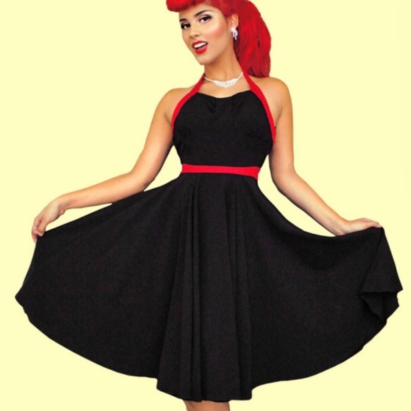 Rock Steady Swing Flare Black and Red Pinup Halter Dress - Picture 2 of 8